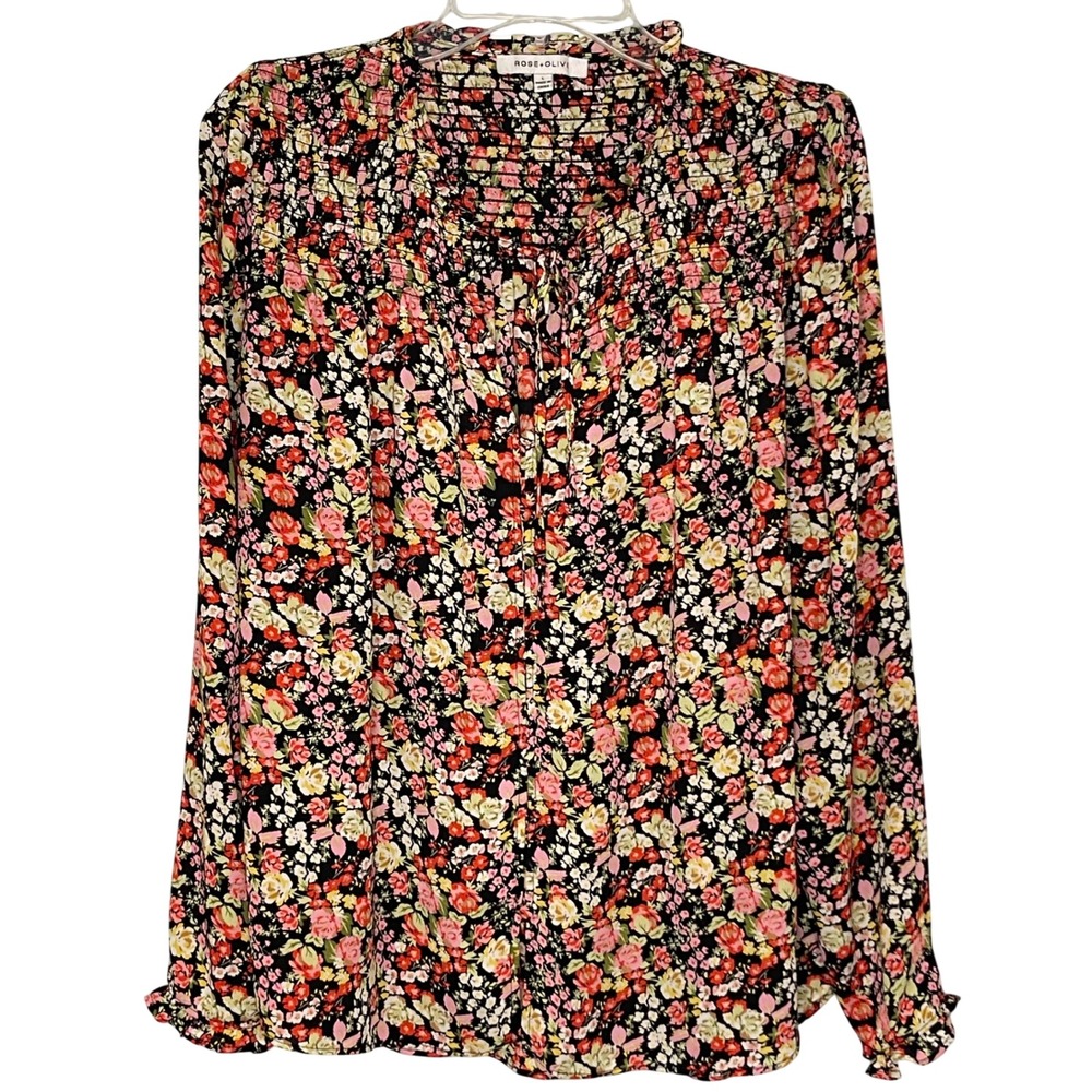 Rose + Olive Womens Large Floral Smocked Blouse Black Multicolor Long Sleeve Top